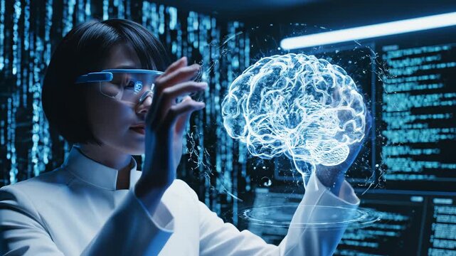 Woman interacting with digital brain