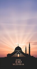 Obraz premium Happy Eid Mubarak greeting with a silhouette of a mosque against a beautiful sunrise sky