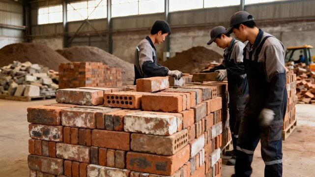 Industrial warehouse setting showing employees sorting and stacking reclaimed bricks highlighting sustainable supply chain for largescale factory renovations.