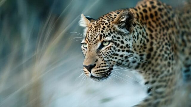 A leopard, with striking gaze and spotted coat, moves gracefully through a blurry field