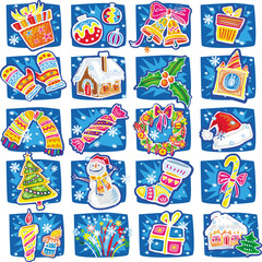 Obraz premium Set of colorful hand drawn Christmas and New Year vector icons. Festive doodle stickers with gifts, snowman, tree, and winter elements on blue background.
