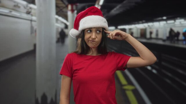 Young hispanic woman wearing a santa hat points finger to temple in a train building platform, red shirt visible; festive confusion.
