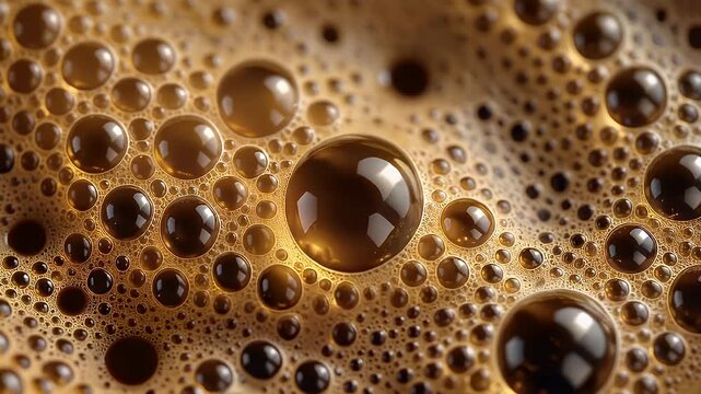 Close-Up Macro of Coffee Foam with Golden Brown Bubbles &ndash; Abstract Textured Background for Beverage Concepts
