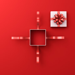 Blank white gift box open or top view of white square present box tied with red ribbon bow isolated on dark red background with shadow minimal conceptual for christmas and valentines days 3D rendering