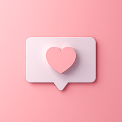 Sweet 3d pink love like heart social media notification sign icon on pink pastel color wall background with shadow minimal conceptual 3D rendering