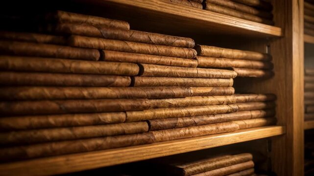 Medium shot of wooden shelves filled with rows of cigars aging steadily in a climatecontrolled room highlighting natural textures and warm tones.