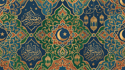Islamic Pattern Background with Arabic Calligraphy & Ramadan Lanterns for Festive Design