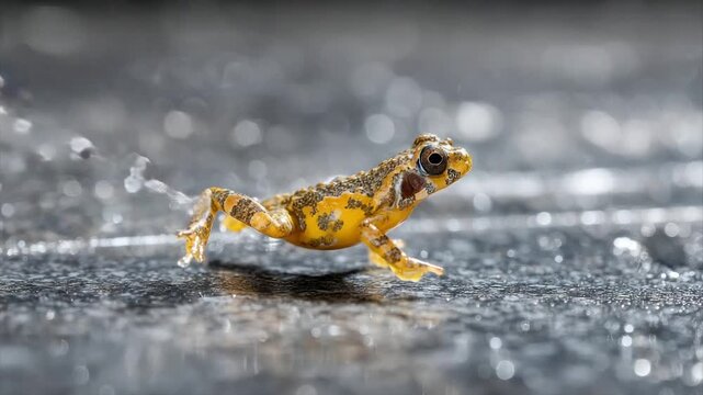 A small, yellow frog with brown markings leaps over a wet surface with a blurred background