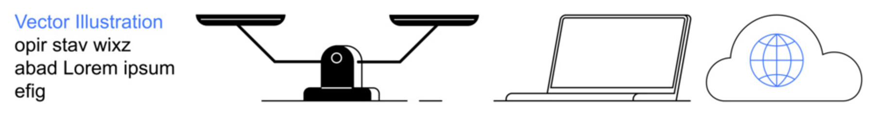 Obraz premium Legal services, technology, cloud computing, remote work, digital services, global network. A balance scale, a laptop and a cloud with a globe icon. Legal services and technology connection concept