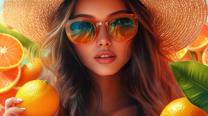 Summer Vibes Woman with Oranges and Sunglasses.