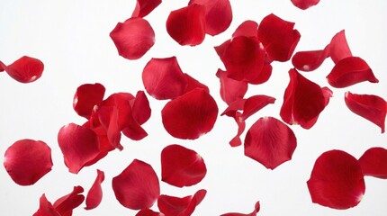 Falling red rose petals isolated on a white background