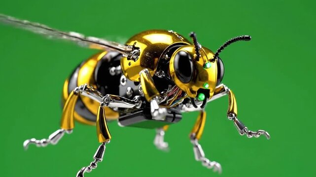 Mechanical Bee Drone Flying Against Green Screen Background Animated Insect Insectoid with Robotic Components and Metallic Finish