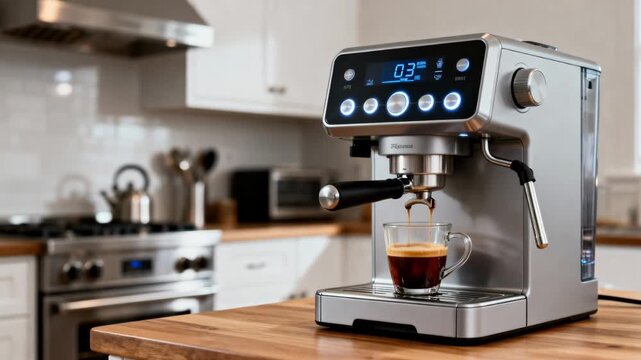 Medium shot of a sleek programmable coffee machine with digital display brewing a fresh cup of espresso in a modern kitchen setting.