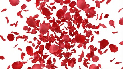 Explosion of red rose petals bursting outward on a white background