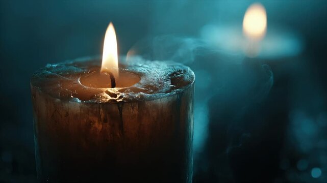 A lit candle is the main focus, with a secondary blurred candle. Smoke drifts in blue light