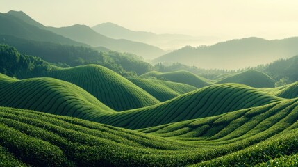 Lush Green Rolling Hills of a Tea Plantation at Sunrise.
