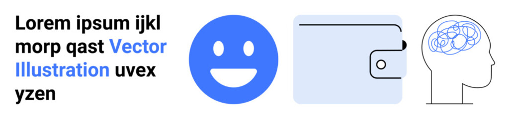 Obraz premium emotions, tech integration, mental health awareness, financial security, communication tools, digital icons. Smile emoji, wallet brain outline with abstract design. Emoji usage and mental health