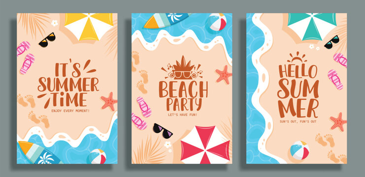 Summer beach party invitation clipart poster design. Summer time invitation card template and hello Summer greeting text clip art in tropical beach background with footprints in sand and tropical 