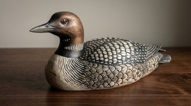 Detailed wooden decoy duck carving with intricate feather patterns on a rustic table surface
