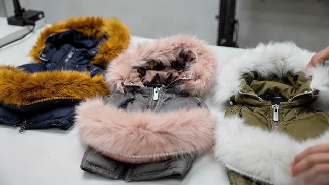 Focused medium shot showing contrasting colored fur bands being carefully attached to jacket hoods showcasing trendy design and color coordination techniques.