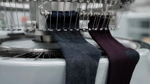Medium shot showing detailed craftsmanship of finegauge knitting machines creating subtle textured mens dress socks with elegant geometric designs.