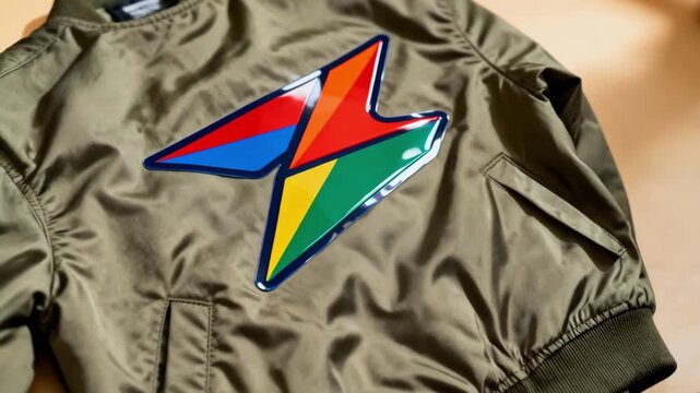 Medium shot of a designer peeling off the backing from a freshly heatpressed multicolor vinyl decal on a jacket emphasizing the crisp detail and fabric integration.