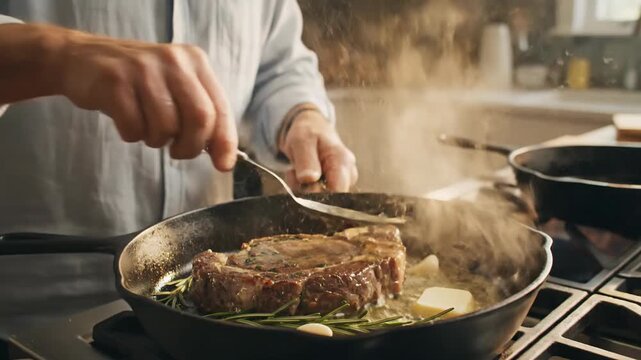 Chef basting juicy ribeye steak with butter, garlic and rosemary in cast iron pan