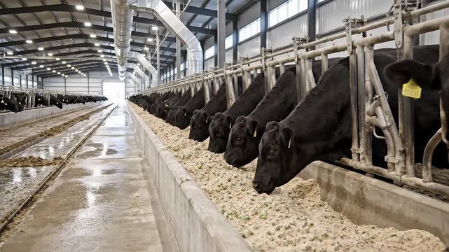 Cattle herd eating feed in a modern indoor livestock barn, agricultural industry
