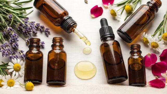 Natural aromatherapy essential oil glass bottles and herbal flowers for wellness spa treatment and alternative medicine isolated on white
