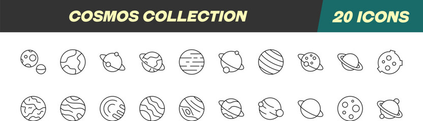Collection of Line Icons of Cosmos and Planet for Adverts. Suitable for books, stores, shops. Editable stroke in minimalistic outline style. Symbol for design © Dilia Almukhambetova