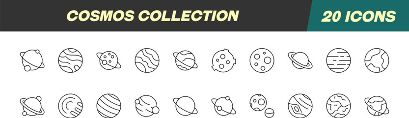 Collection of Icons of Cosmos and Planet. Suitable for books, stores, shops. Editable stroke in minimalistic outline style. Symbol for design © Dilia Almukhambetova