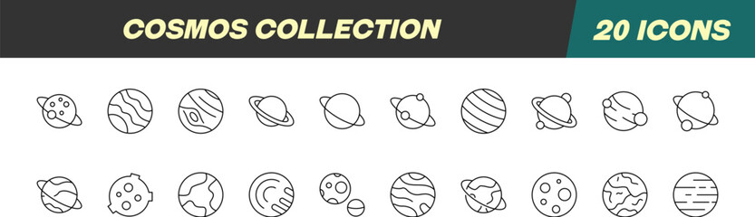 Line Signs of Cosmos and Planet for Adverts. Suitable for books, stores, shops. Editable stroke in minimalistic outline style. Symbol for design © Dilia Almukhambetova