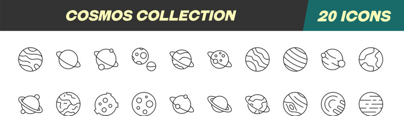 Signs of Cosmos and Planet for Shops and Stores. Suitable for books, stores, shops. Editable stroke in minimalistic outline style. Symbol for design © Dilia Almukhambetova