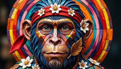 Fototapeta premium Geometric Monkey with Floral Headband