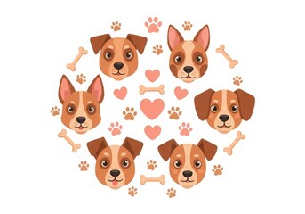 Cute cartoon dog faces and pet icons in circle isolated on white background