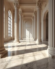 Fototapeta premium Sunlit neoclassical interior with marble floor and grand columns, elegant palace hall architecture background with soft natural light