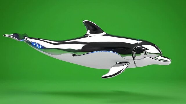 Shiny Metallic Dolphin Robot Swimming in Green Screen Background for Technology and Marine Life Educational or Futuristic