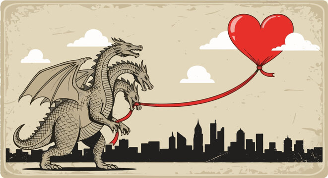 Three-Headed Dragon Holding a Heart Balloon Over City Skyline - Vintage Retro Style Valentine's Day Illustration for T-shirt Design