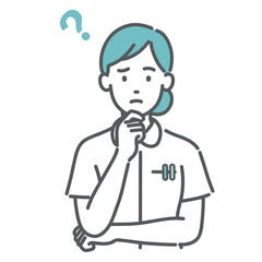 疑問を持つ女性看護師のイラスト（困り顔・ハテナマーク）
