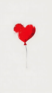 A solitary red heart-shaped balloon, rendered in a loose, painterly style with visible brushstrokes, floats against a clean white background, evoking a sense of simple elegance and affection