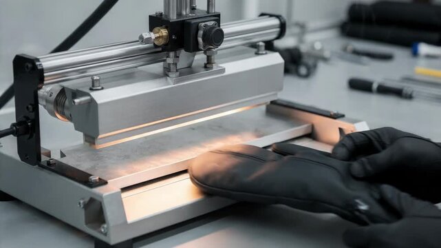 Medium shot of a technician using heat sealing equipment to weld mitten seams enhancing water resistance through precision and skilled craftsmanship.