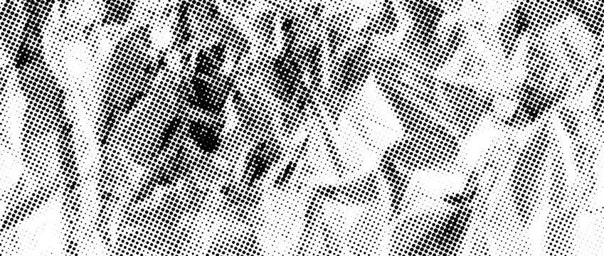 Halftone rough wrinkled foil background. Dotted crumpled metallic overlay. Black creased bitmap texture. Pixelated creasy surface in comic pop art style. Vector grain cartoon gritty paper wallpaper