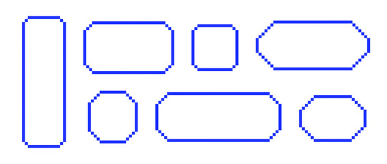 Bright blue pixel text boxes. Empty pixelated frame collection. Retro 8 bit border shape pack for speech chat bubble, message cloud, communication dialog, talk balloon. Vector illustration bundle