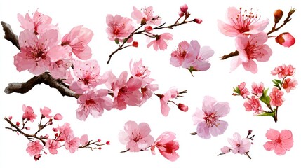 Watercolor illustrations of delicate, pink cherry blossom branches and individual flowers