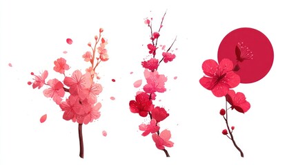 Watercolor illustrations of cherry blossom branches with vibrant pink and red flowers