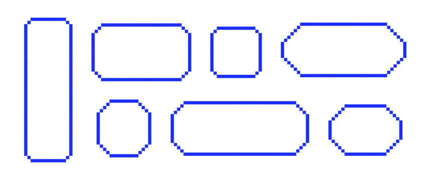 Bright blue pixel text boxes. Empty pixelated frame collection. Retro 8 bit border shape pack for speech chat bubble, message cloud, communication dialog, talk balloon. Vector illustration bundle