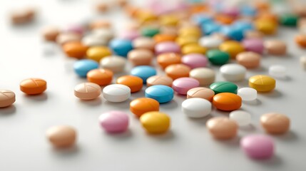 Colorful Assorted Pharmaceutical Pills and Tablets Scattered on White Surface with Shallow Depth of Field Medical Background