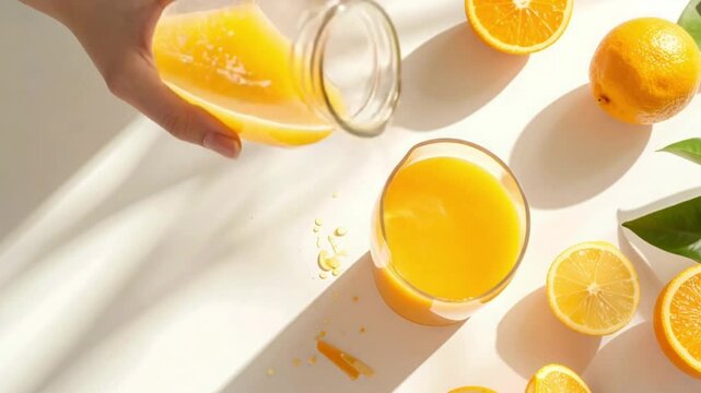 Hand pouring fresh orange juice into glass with citrus fruits and leaves