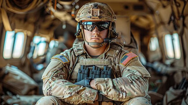 Equipped soldier stands on military vehicle during field operation in rugged outdoor environment
