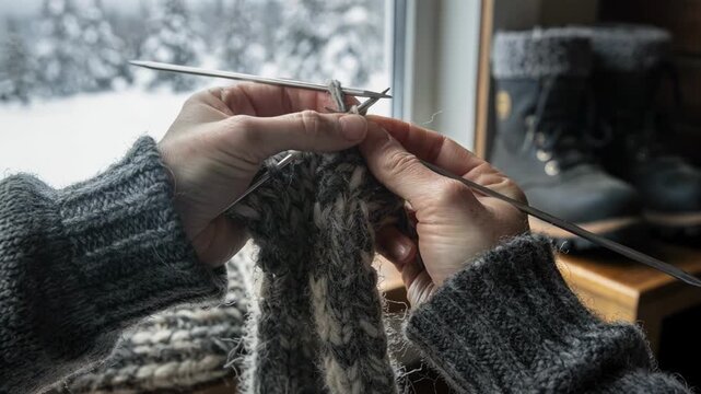 Medium shot of hands knitting thick wool thermal socks highlighting textured wool fibers ideal for extreme cold and winter outdoor activities.